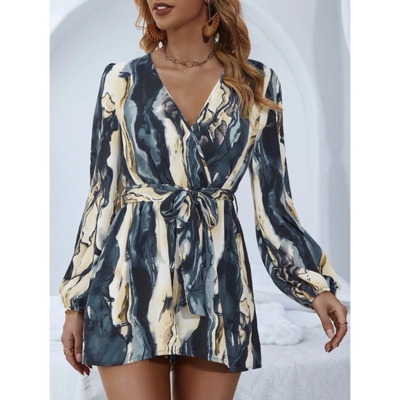 Marble Surplice Neck Belted Romper (XL-12) - Picture 3 of 11